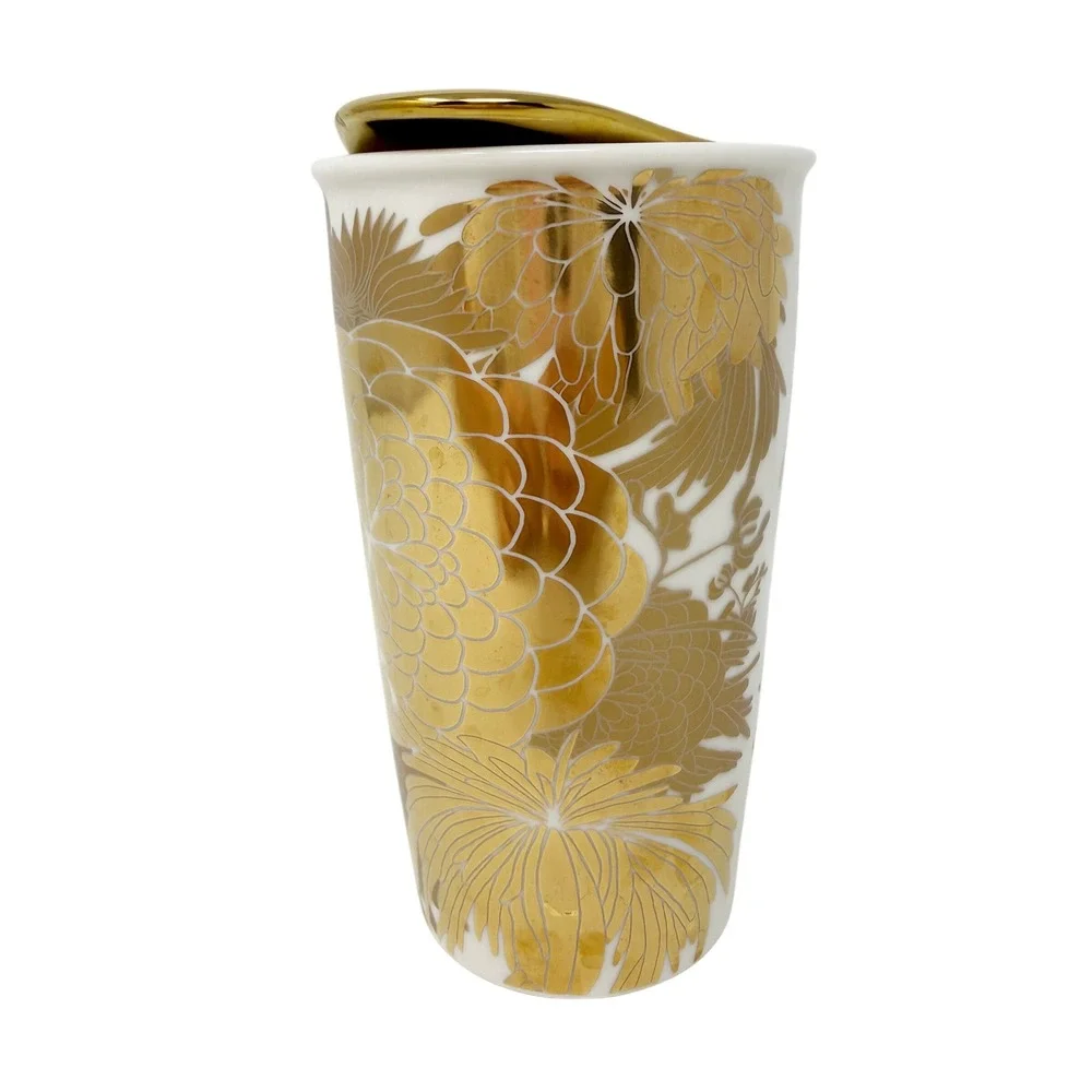 Starbucks 2014 Ceramic Beetle Flower‎ Traveler Dot Collection with Gold Lid